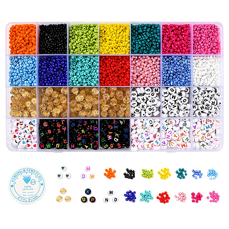 ARRICRAFT 5 Colors Flat Round Acrylic Letter Beads, 14Colors Round Glass Seed Beads and Elastic Stretch Thread, for DIY Jewelry Making Kits, Mixed Color, Beads: 4200Pcs/Box