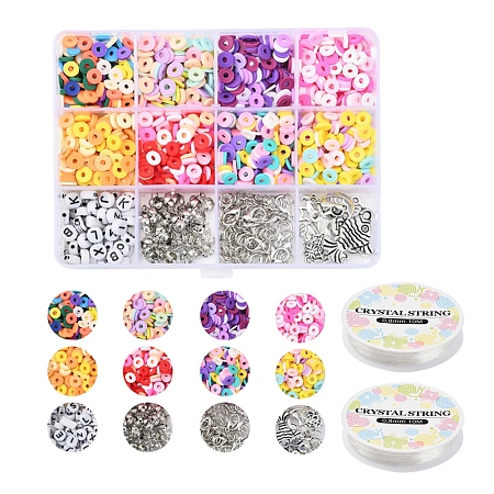 Arricraft DIY Jewelry Making Kits, Including Disc/Flat Round Polymer Clay Beads, Zinc Alloy Clasps, Iron Rings & Bead Tips, Flat Round Acrylic Beads, Elastic Crystal Thread and Tibetan Style Alloy Charms, Mixed Color, Polymer Clay Beads: 64g/set