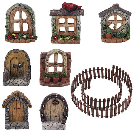 Gorgecraft Resin Dollhouse Building Accessories,  including Imitation Wood Door, Window & Garden Fence, for Micro Landscape Decoration, Mixed Color, 32.5~900x16~51x4.5~57mm