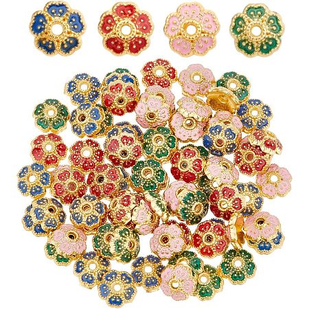 DICOSMETIC 80Pcs 4 Colors Enamel Flower Bead Cap 5-Petal Flower Spacers Cap Golden Bead End Caps Alloy End Charm Caps for DIY Earring Bracelet Necklaces Jewelry Craft Making, Hole: 0.9mm