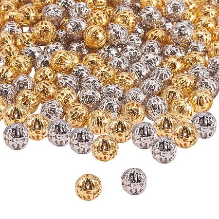 PandaHall Elite 200pcs 8mm Platinum & Golden Round Filigree Beads Hollow Ball Metal Spacer Beads for DIY Necklace Charm Bracelet Jewelry Making
