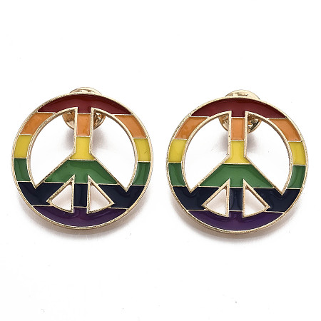 Honeyhandy Alloy Brooches, Enamel Pin, with Brass Butterfly Clutches, Rainbow Peace Sign, Light Gold, Colorful, 34x2mm, Pin: 1mm