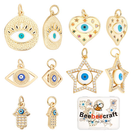 Beebeecraft 10Pcs/Box 5 Style Evil Eye Charms Brass Cubic Zirconia Hamsa Hand Star with Blue Enamel Eye Pendants Jewelry Making Findings for DIY Bracelet Necklace