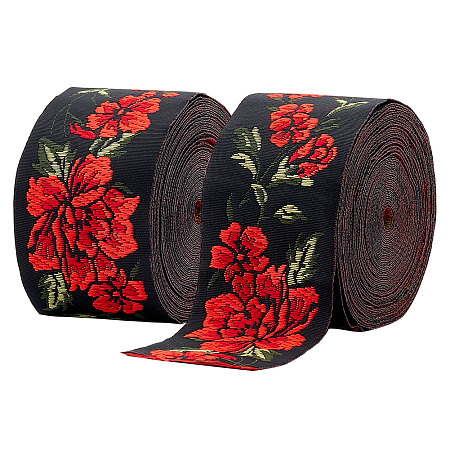 PandaHall Elite Ethnic Style Embroidery Polyester Ribbons, Jacquard Ribbon, Garment Accessories, Floral Pattern, Red, 2 inch(50mm), about 7.66 Yards(7m)/Bundle