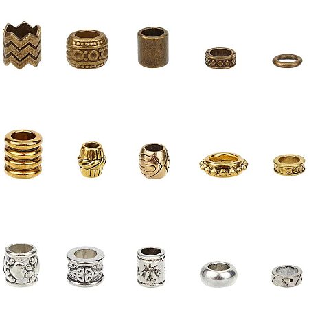 NBEADS 150 Pcs Tibetan Style Alloy Dreadlock Beads, 15 Kinds of Loose Braiding Hair Beads DIY Jewelry Accessory for African DIY Hair Braiding Ponytail Decoration, Silver/Golden/Bronze