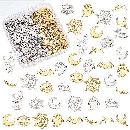 OLYCRAFT 60g Halloween Themed Resin Filler Charms Alloy Resin Filling Accessories Metal Nail Studs Pumpkin Moon Epoxy Resin Supplies For Resin Jewelry Making and Nail Decoration-Platinum&Golden