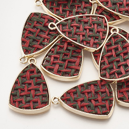Alloy Pendants, with Linen, Triangle, Golden, Dark Red, 29.5x19.5x3mm, Hole: 2mm