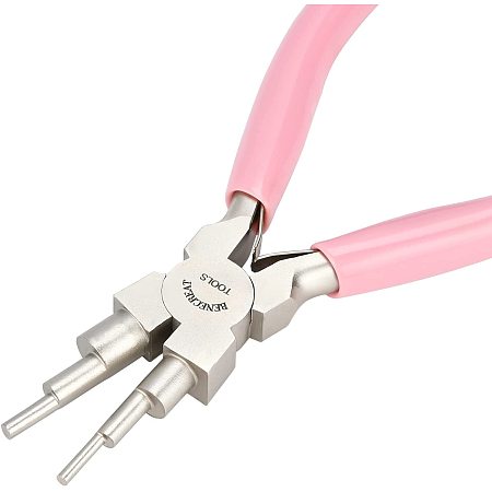 BENECREAT 6-in-1 Bail Making Pliers Carbon Steel Pink Nylon Nose Pliers 6-Step Multi-Size Wire Looping Plier for DIY Making