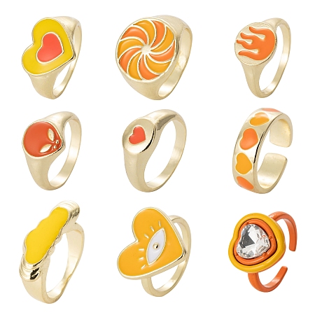 Arricraft 9Pcs 9 Style Alloy Enamel Finger Rings, Light Gold, Heart & Oval & Cloud & Extra-Terrestrial & Pinwheel Pattern, Mixed Color, Inner Diameter: 17~18.5mm, 1pc/style