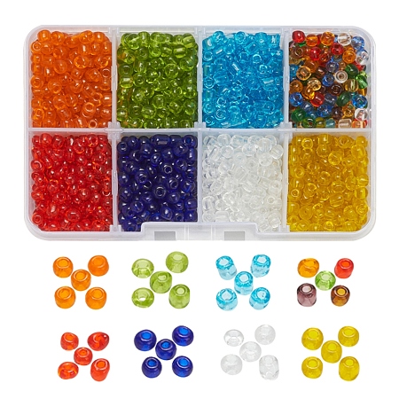 8 Colors Glass Seed Beads, Transparent, Round, Mixed Color, 4mm, Hole: 1.5mm, about 15g/color