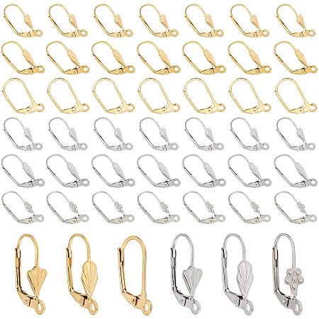 PandaHall 48pcs 6 Styles Leverback French Earring Hooks with Open Loop Stainless Steel Color and Gold Lever Back Hoop Earring Dangle Ear Wire Findings for Jewelry Making