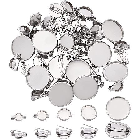 UNICRAFTALE About 50pcs 5 Sizes Flat Round Brooch Pin with Glass Cabochons Stainless Steel Brooch Bezel Trays Base Blank Brooch Tray Stainless Steel Color 6/8/10/12/20mm