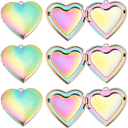 UNICRAFTALE 6pcs Rainbow Color Heart Shape Photo Frame Pendants 304 Stainless Steel Locket Charms Hypoallergenic Pendants for DIY Memorial Necklace Making