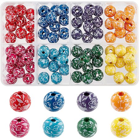 SUPERFINDINGS About 80pcs 8 Colors 14x13mm Printed Natural Wooden Beads Loose Round Beads Dyed Spacer Beads with Floral Pattern 3mm Hole for DIY Jewelry Making