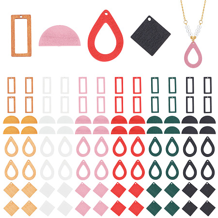 PandaHall Elite DIY Jewelry Making Finding Kit, Including 144Pcs 24 Styles Wood Dyed Teardrop & Rhombus & Rectangle Pendants and Half Round Beads, Mixed Color, 14.5~37x25~29.5x2.5~4mm, Hole: 1.8mm, 6Pcs/style