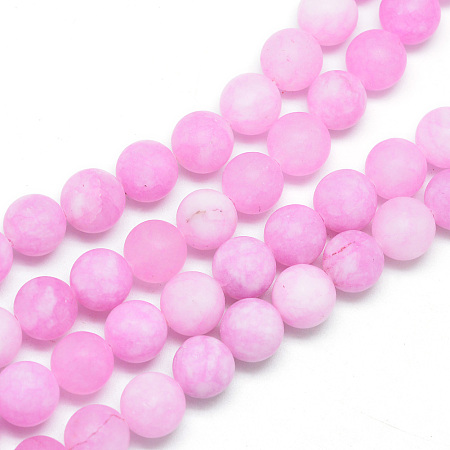 Honeyhandy Natural White Jade Bead Strands, Dyed, Frosted, Round, Hot Pink, 8~9mm, Hole: 1mm, about 46~48pcs/strand, 14.9 inch
