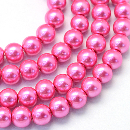 Baking Painted Pearlized Glass Pearl Round Bead Strands, Hot Pink, 8~9mm, Hole: 1mm; about 105pcs/strand, 31.4 inches