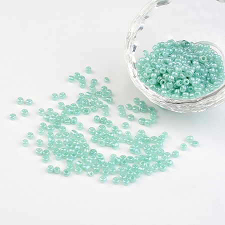 ARRICRAFT 8/0 Ceylon Round Glass Seed Beads, Aqua, Size: about 3mm in diameter, hole:1mm, about 1101pcs/50g