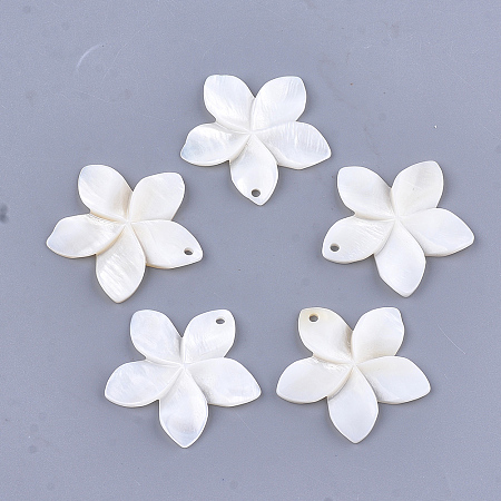 Honeyhandy Carved Freshwater Shell Pendants, Flower, Ivory, 31~34.5x32~35.5x3~4mm, Hole: 2mm