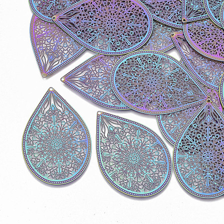 NBEADS 201 Stainless Steel Filigree Pendants, for DIY Jewelry Making, Etched Metal Embellishments, Teardrop, Multi-color, 48.5x32x0.3mm, Hole: 1mm