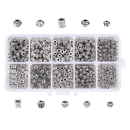 Tibetan Style Alloy Spacer Beads, Mixed Shapes, Antique Silver, Boxes: 13.5x7x3cm, 500pcs/box