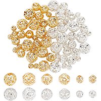 PandaHall 3 Sizes Real 18K Gold Silver Plated Hollow Beads, 60pcs Round Filigree Beads Brass Metal Spacer Beads for DIY Crafts Bracelets Necklaces Earrings Jewelry Making, 4/6/8mm