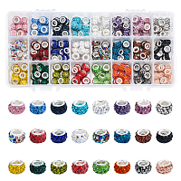 NBEADS Polymer Clay Rhinestone European Beads, Large Hole Beads, Rondelle, with Silver Color Plated Brass Cores, Mixed Color, 10~12x7~8mm, Hole: 5mm; 24 colors, 10pcs/color, 240pcs/box