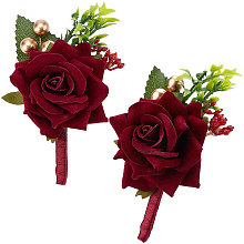 CRASPIRE 2PCS Wedding Boutonniere Wine Red Rose Corsage Buttonhole Flower Groom Groomsman Best Man Wedding Flowers Accessories for Groom Groomsmen Prom