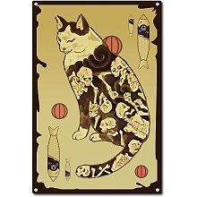 CREATCABIN Japanese Ninja Samurai Cat Tattoo Metal Tin Sign Retro Poster Plaque for Cafe Bar Pub Shop Decoration, 8 x 12 Inch