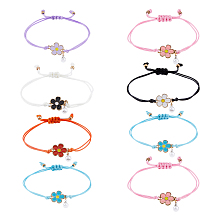 FIBLOOM 8Pcs 8 Colors Alloy Enamel Flower Link Bracelets Set, Polyester Cord Braided Adjsutable Couple Bracelets, Mixed Color, Inner Diameter: 3-1/2 inch(9cm), 1Pc/style