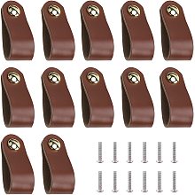 GORGECRAFT 12Pcs Leather Handles Vintage Cabinet Door Handle Brown Color Leather Drawer Pulls for Kitchen Bathroom Cabinets Cupboards Wardrobe Dresser, 143x25mm