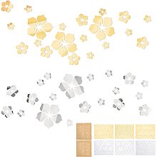 PandaHall Elite 36pcs 3D Flower Mirror Wall Sticker 2 Colors 3 Sizes DIY Acrylic Mirror Tile Self Adhesive Wall Sticker for Home Bathroom Bedroom Living Room Sofa Wall Decoration, Golden Silver