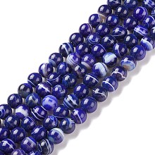 Natural Striped Agate/Banded Agate Beads Strands, Dyed & Heated, Round, Medium Blue, 12mm, Hole: 1.2mm, about 33pcs/strand, 14.96 inch(38cm)