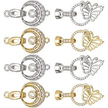 DICOSMETIC 8Pcs 4 Styles Flat Round Fold Over Clasps Extenders Clasp with Butterfly Micro Pave Clear Cubic Zirconia Clasp Brass Dangle Charm Connector Clasp for Necklace Jewelry Making, Hole: 1/2.2mm