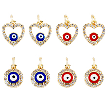 DICOSMETIC 8Pcs 4 Styles Evil Eye Brass Micro Pave Clear Cubic Zirconia Charms, with Enamel and Jump Rings, Golden, Heart & Flat Round, Mixed Color, 13x11x3mm, Hole: 3mm, 2pcs/style