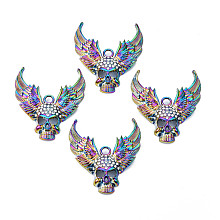 Rainbow Color Alloy Big Pendants, with Rhinestone, Cadmium Free & Lead Free, Skull with Wing, Multi-color, 54x50x9mm, Hole: 4.5mm