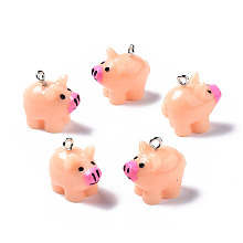 Honeyhandy Opaque Resin Pendants, with Platinum Tone Iron Loop, 3D Pig, Light Salmon, 18~19x19x12mm, Hole: 2mm