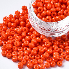 Honeyhandy 6/0 Glass Seed Beads, Baking Paint, Round Hole, Round, Orange Red, 4~5x3~5mm, Hole: 1.2~1.5mm, about 4500pcs/Pound