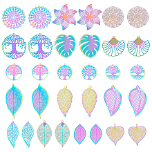 DICOSMETIC 32Pcs 16 Style Stainless Steel Filigree Pendants Colorful Leaf/Flower/Tree of Life/Flat Round Pendants for Earrings Bracelets Necklace DIY and Craft Jewelry Making