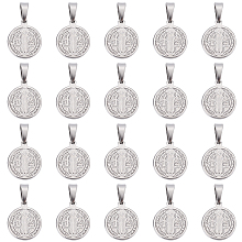 DICOSMETIC 20Pcs 304 Stainless Steel Pendants, Religion, Flat Round with Saint Benedict, Stainless Steel Color, 15x12x1.5mm, Hole: 5x3mm