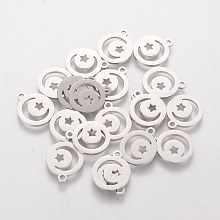 Honeyhandy 201 Stainless Steel Charms, Flat Round with Moon and Star, Stainless Steel Color, 14x12x1mm, Hole: 1mm