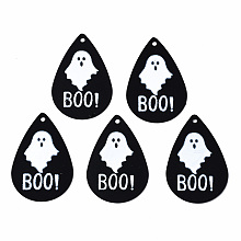 Honeyhandy Spray Painted Iron Pendants, Rubberized Style, 3D Printed,  Halloween Ghost with Word BOO Print Pattern, Teardrop, White, 27.5x18x0.5mm, Hole: 1.2mm