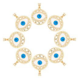 Arricraft Brass Pendants, with Enamel, Flat Round with Evil Eye, Real 18K Gold Plated, 21x19x4mm, Hole: 3x4mm, 8pcs/box