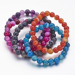 Honeyhandy Natural Striped Agate/Banded Agate Beaded Stretch Bracelets, Round, Mixed Color, 2-1/8 inch(55mm)