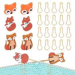 Nbeads 6Pcs 3 Style Fox Silicone Beads Knitting Needle Protectors/Knitting Needle Stoppers, with 20Pcs Iron Kilt Pin Stitch Markers, for Knitting Tools, Mixed Color, 21~35x9.5~26.5x0.7~9mm, Hole: 2~2.5mm