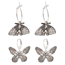 ANATTASOUL 2 Pairs 2 Style Moth & Butterfly Zinc Alloy Dangle Hoop & Leverback Earrings, Insect Jewelry for Women, Antique Silver, 27~45mm, Pin: 0.6~0.7mm, 1 Pair/style