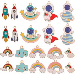 SUNNYCLUE 40Pcs 10 Style Space Charms Rainbow Charms Bulk Cloud Rocket Charms Spaceman Astronaut Planet Spaceship Alloy Enamel Kawaii Cloud Charms for Jewelry Making Charms Earrings Necklace Supplies