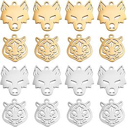 BENECREAT 16Pcs 4 Styles Animal Stainless Steel Pendants, Wolf Head and Tiger Head Pendants Charms for Bracelet Necklace Jewelry Craft Making, Hole: 1.4mm