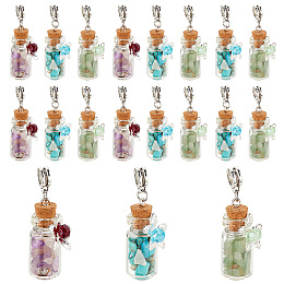 PandaHall Elite Clear Glass Bottle Natural & Synthetic Mixed Gemstone European Dangle Charms, with Glass Beads, 46mm, Pendant: 35x13x17mm, Hole: 5mm, 20pcs/box