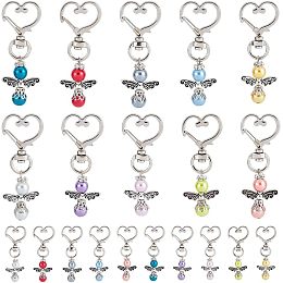 PandaHall Elite 20pcs Angel Keychains, Lucky Angel Charms 10 Colors Alloy Swivel Heart Angel Wings with Beads Tibetan Angel Keyrings for Bag Guests Wedding Party Baptism Decor